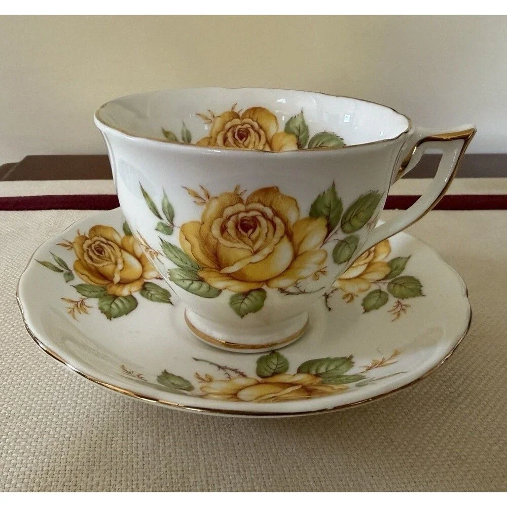 Vintage Melba Teacup and Saucer Set In Yellow Rose Pattern Made In England